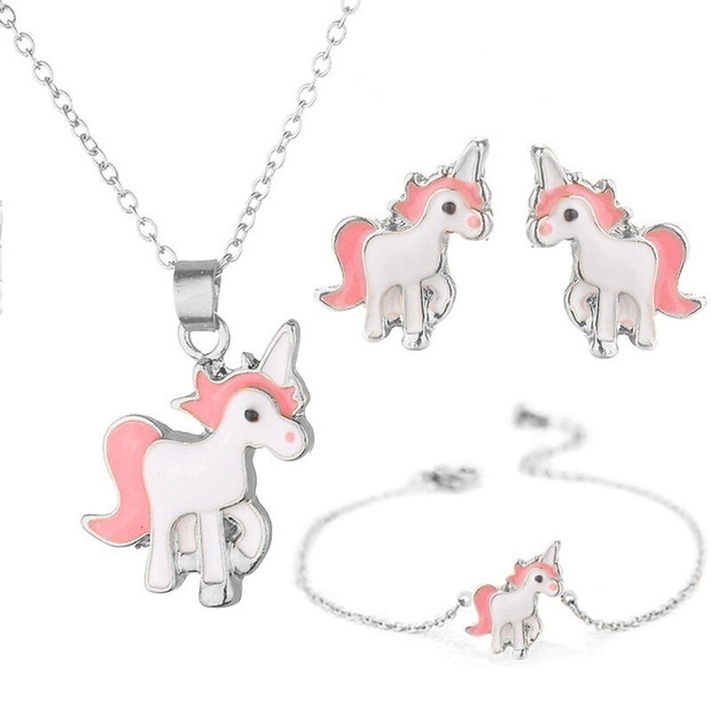 4 stks/set Paarse Ketting Oorbellen Cartoon Eenhoorn Ketting Oorbel Sieraden Meisjes Sieraden Oorbel en Ketting Set: 8