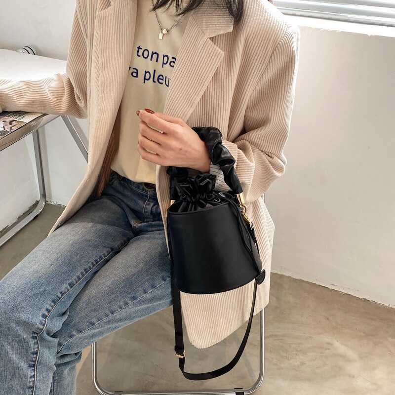 Solid Color PU Leather Women Drawstring Bucket Bags Ladies Small Shoulder Crossbody Bag Female Mini Handbag Purse