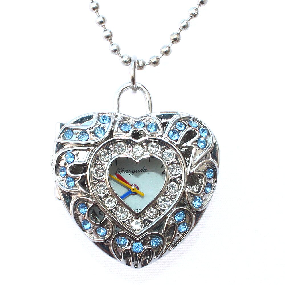 Mode Roze Hollow Quartz Hartvormige Zakhorloge Ketting Hanger Ketting Klok Vrouwen Blauw Hart Horloges: Blue Hollow Heart