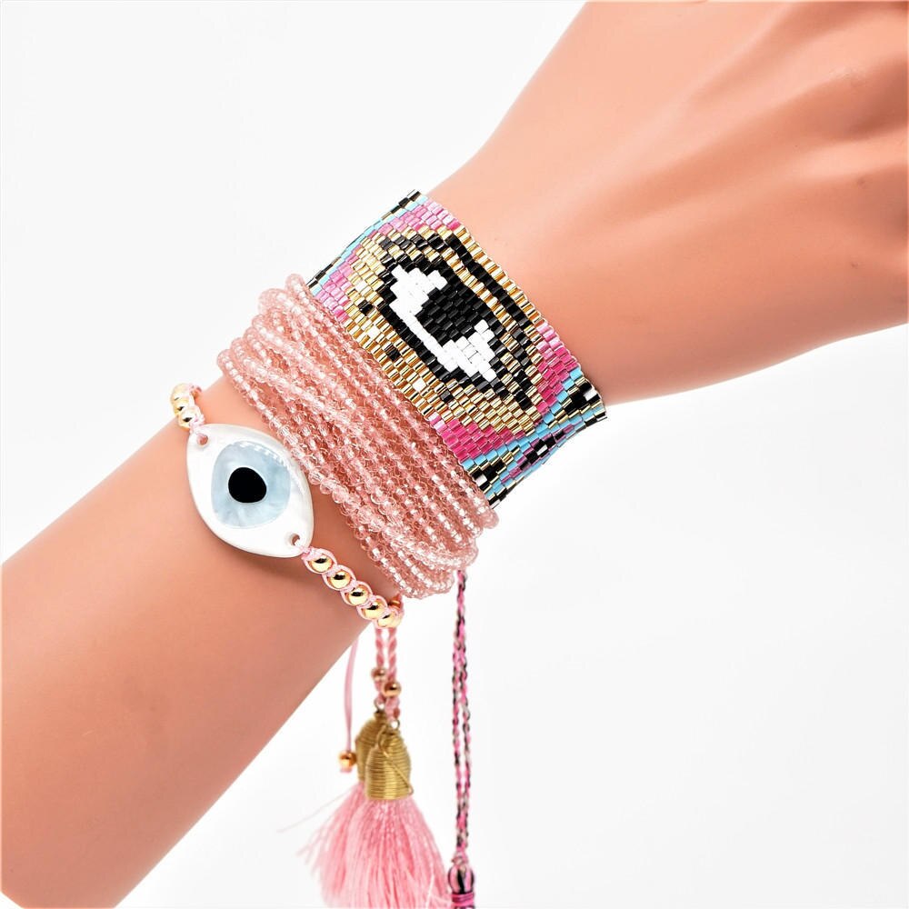 Boho Evil Eye Armband MIYUKI Armband Pulseras Mujer Vrouwen Sieraden Crystal Tassel Armbanden Goud Rvs Insta: Sets