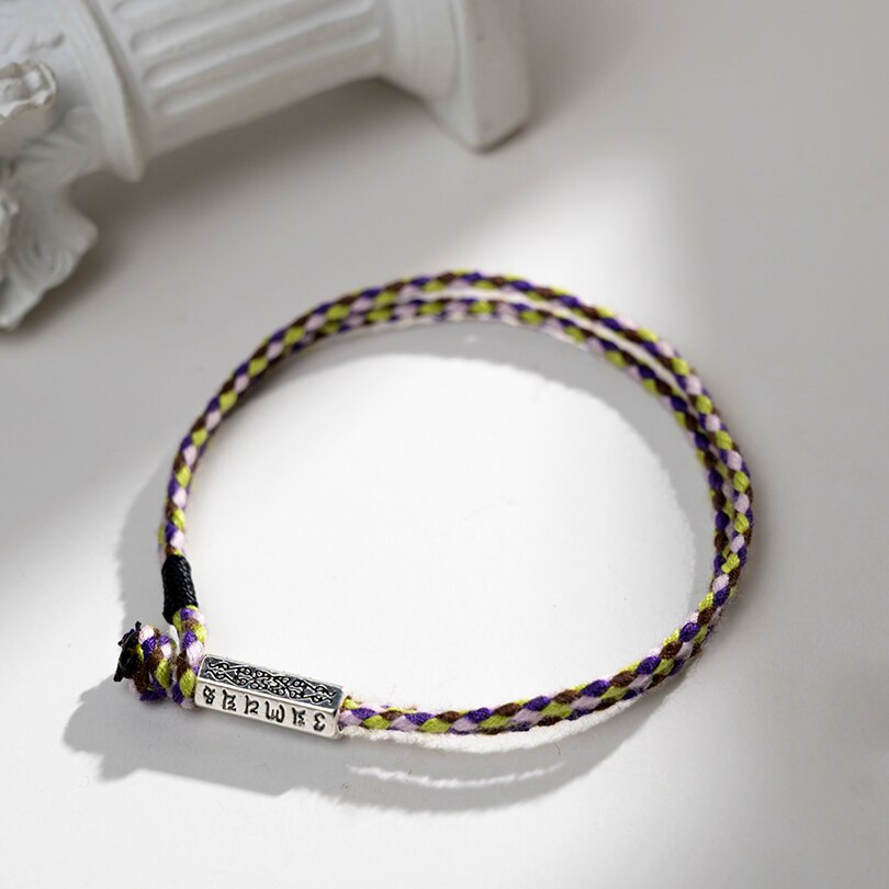 Handmade Tibetan Buddhist Braided Cotton Thread Lucky Knots Bracelets Silver Bead Carved Mantra Amulet Woven Bracelet For Men