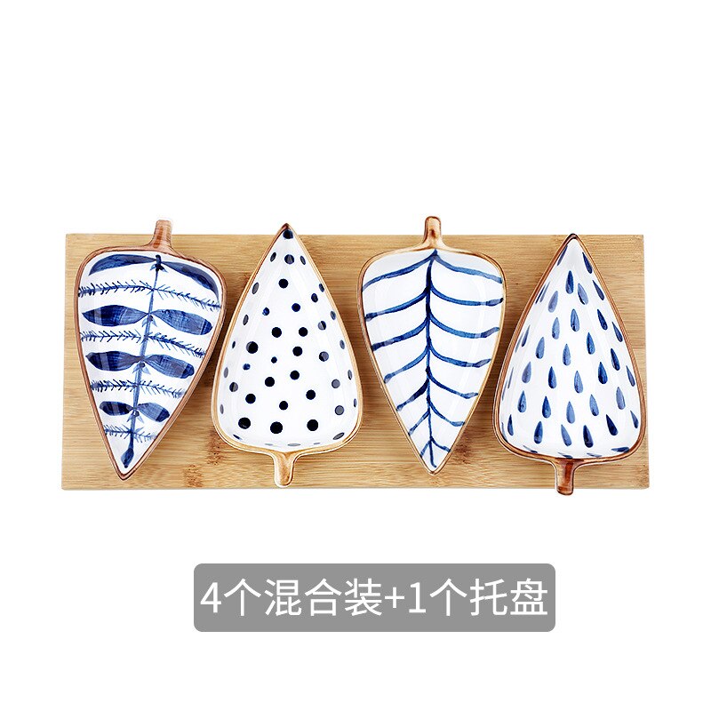 Japanese Leaves Plate Cute Gravy Boat Dish Baking Dish Cartoon Ceramic Household Taste Dish Pot Dipping Tableware: 01020304 and tray