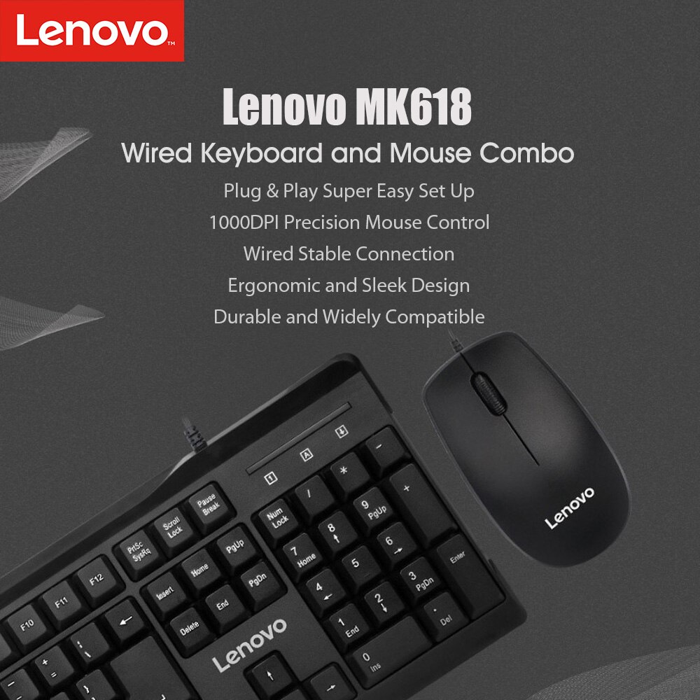 Lenovo MK618 Wired Keyboard Mouse Set 1000DPI Optical Mouse Ergonomic USB Corded Keyboard Set for Computer Laptop PC Desktop