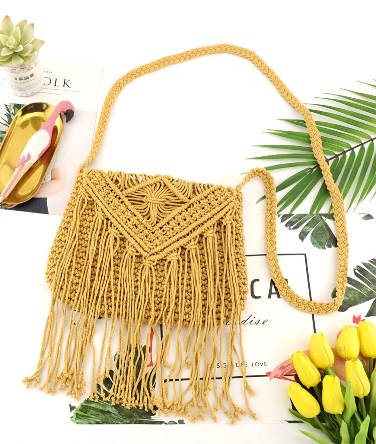 Sac de paille à pompon creux, sac de plage à rabat tissé à la main, sac à bandoulière en corde de coton: YELLOW