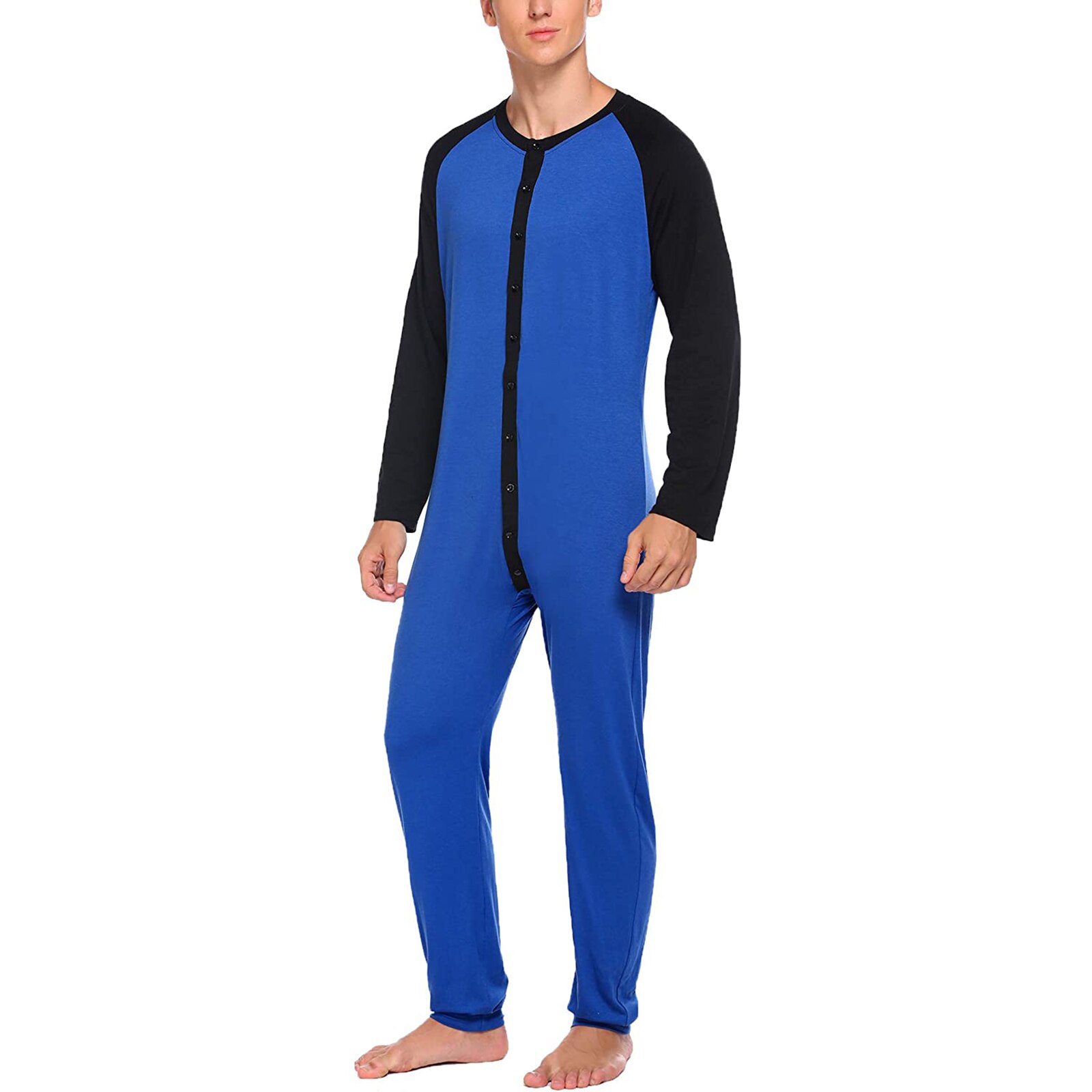 Mannen Diverse Kleur Een Stuk Pyjama Lange Mouw Ronde Kraag Knop Open Voorzijde Nachthemd Jumpsuits Homewear