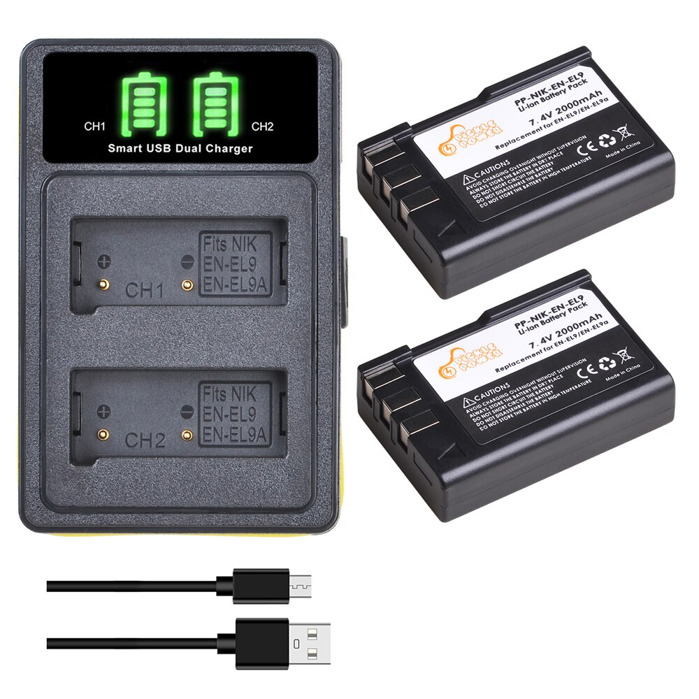 3 stuks 2000 mah en -el9 en-el9a en  el9 batterij + type-c led-laderkits voor nikon en -el9a d40 d60 d40x d5000 d3000 camera: Oplader en 2 accu's