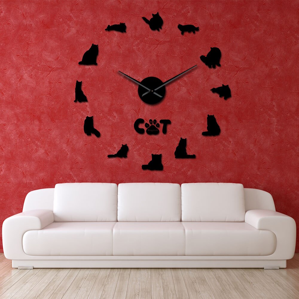 3D DIY Large Mirror Effect Frameless Ragdoll Cat Wall Clock Cat Breeds Kitten Cat Paw Stickers Wall Art Frameless Giant Watch
