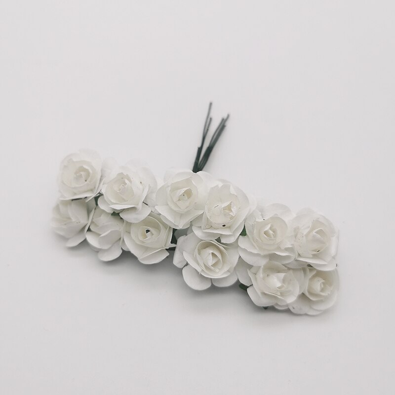 12 stk mini blomsterhode kunstig papir blomster rose brukt til bryllupsfest håndverk dekorasjon 19 farger: Hvit