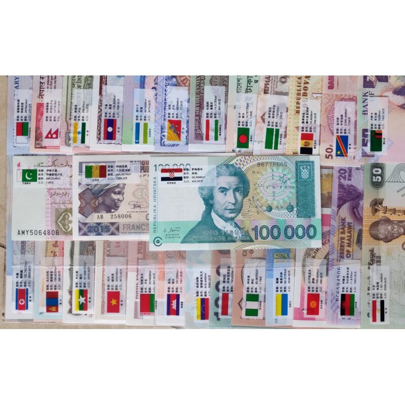 Juego de 52 Uds. De notas de 28 países, UNC, auténtico Original (pero caducado, sin usar ahora) con sobre Rojo, billete de original del mundo
