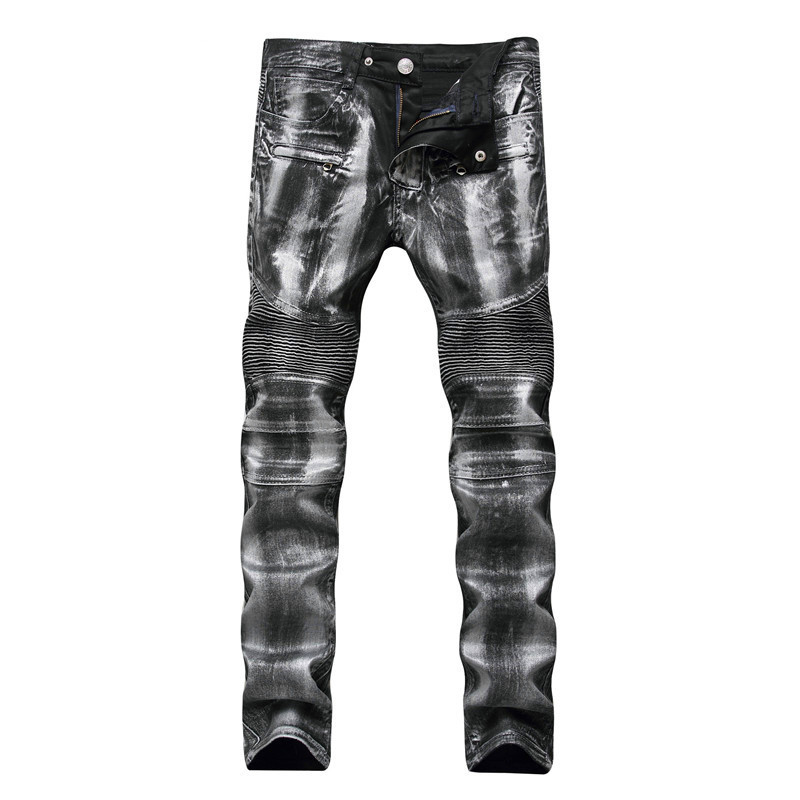 Men's Biker Jeans Pants Print Gold Silver Coated Slim Skinny Denim Trousers For Male Pleated Trousers Plus Size 40