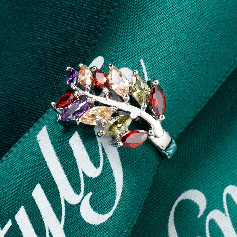 Valentine's Day Silver Color Leaves Tree Branch Ring For Woman Girls Simple Anillos Aneis Multicolors Crystal Silver Finger Ring