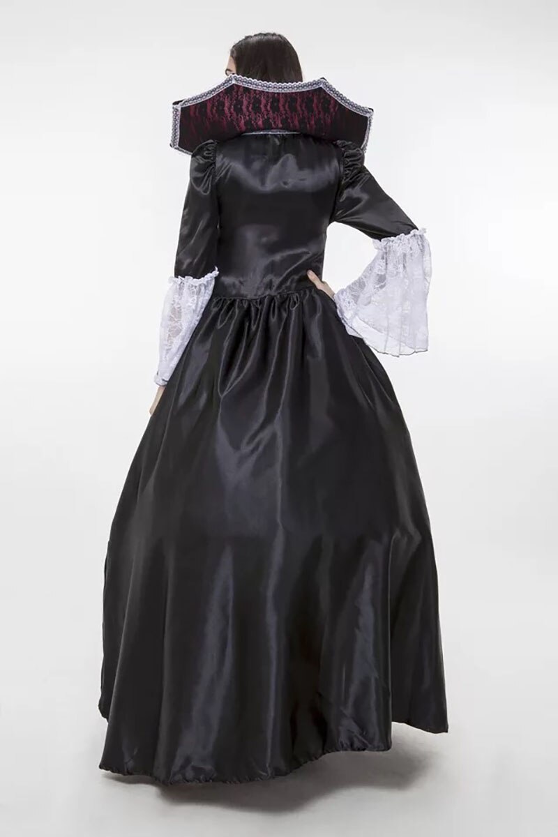 Disfraz de vampiro Versalles gótico para mujer, vestido de encaje de longitud completa, negro oscuro, con cuello alto, para Halloween