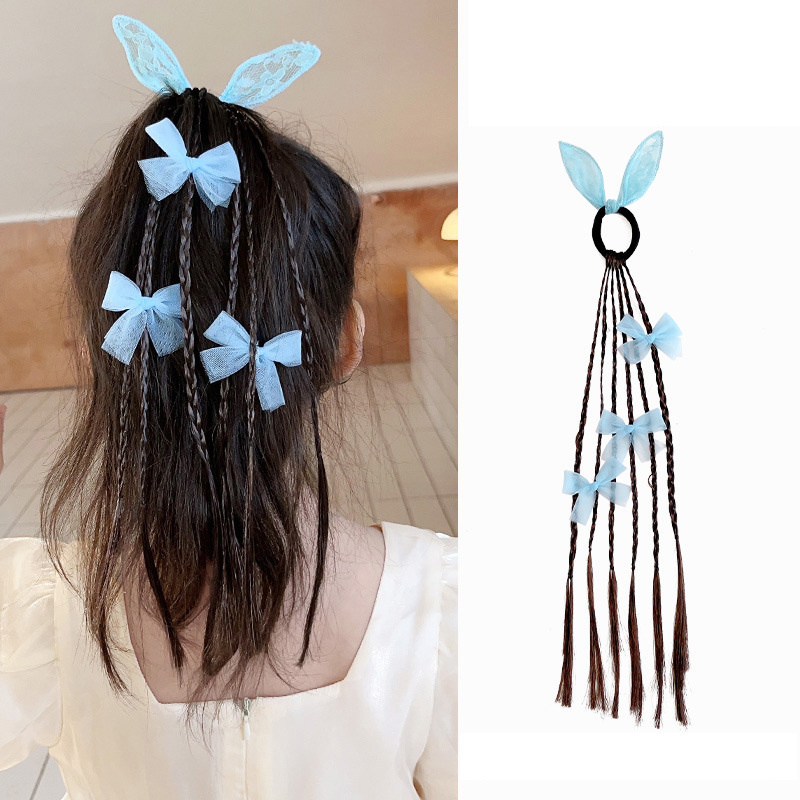 1 unidad de pelucas con Orejas de conejo y lazo para niñas, coleteros, bandas de goma, bandas para el cabello, tocados encantadores, accesorios para el cabello para niños, adorno para el cabello: Azul cielo