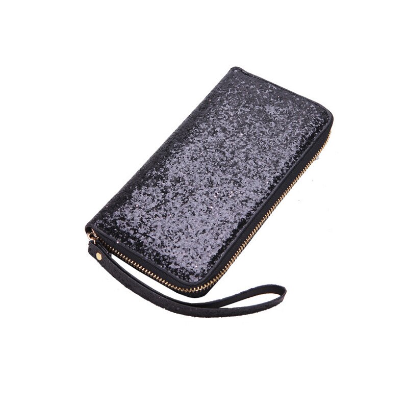 Moda legal lantejoulas carteira feminina carteira de mão longa brilhante bolsa de couro bolsa de armazenamento de cartão de crédito zíper glitter festa saco de armazenamento: Black
