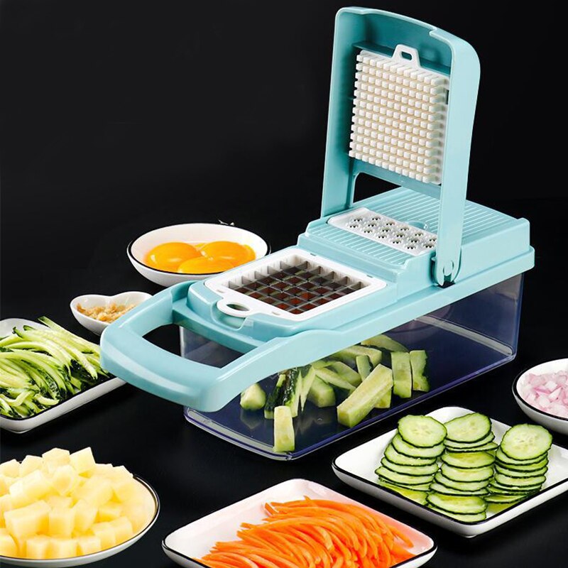 Groente Fruit Slicer Rasp Cutter Dunschiller Multifunctionele Keuken Accessoires Gadgets Chopper Slicer Met Grote Afvoer Mand: Blue