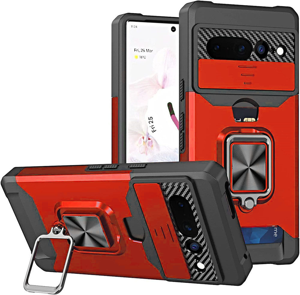 Pixel7 For Google Pixel 7 Pro Case Card Slot Bag Finger Ring Holder Stand Cover Pixel 7 Pro Phone Funda For Google Pixel 6 7 Pro: CANVAS / Red