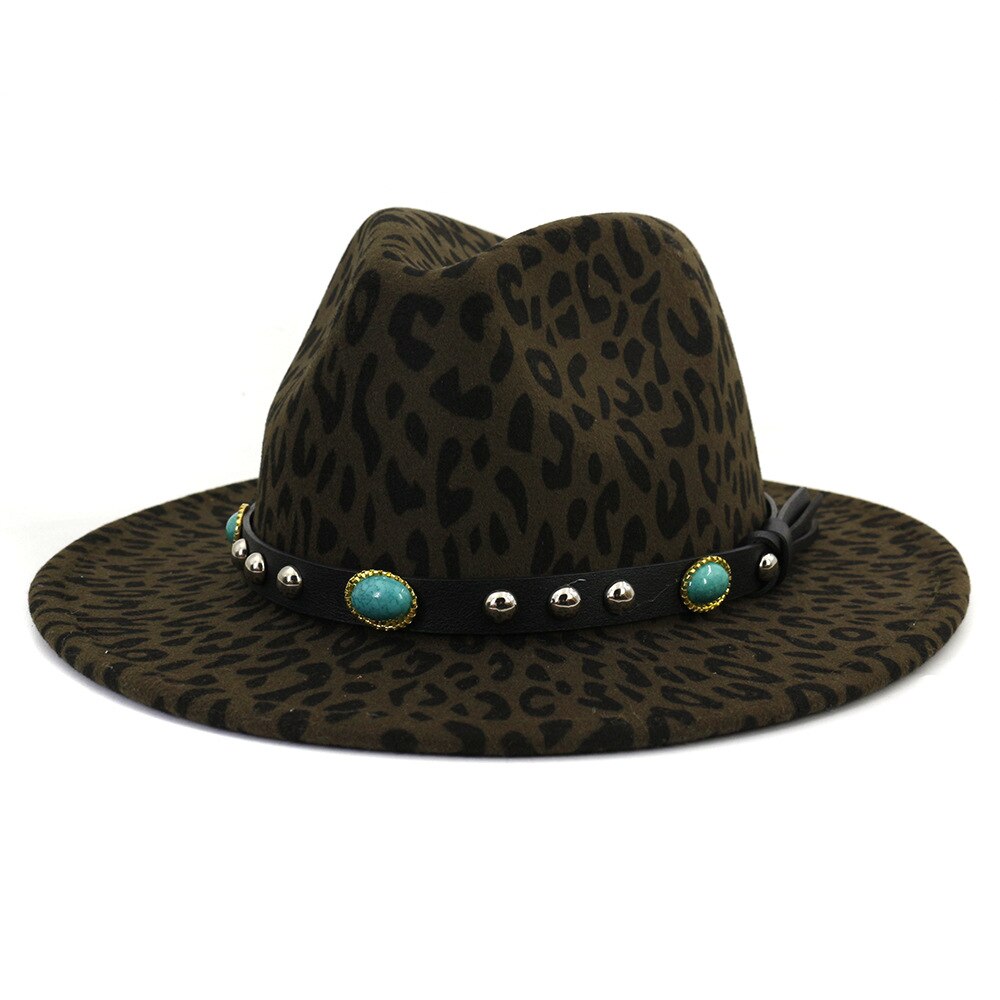 Qbhat unisex europeisk stil dam ull fedorahattar med turkos läder band bred brätte leopardmönstrad jazz filt hatt: Armégrön