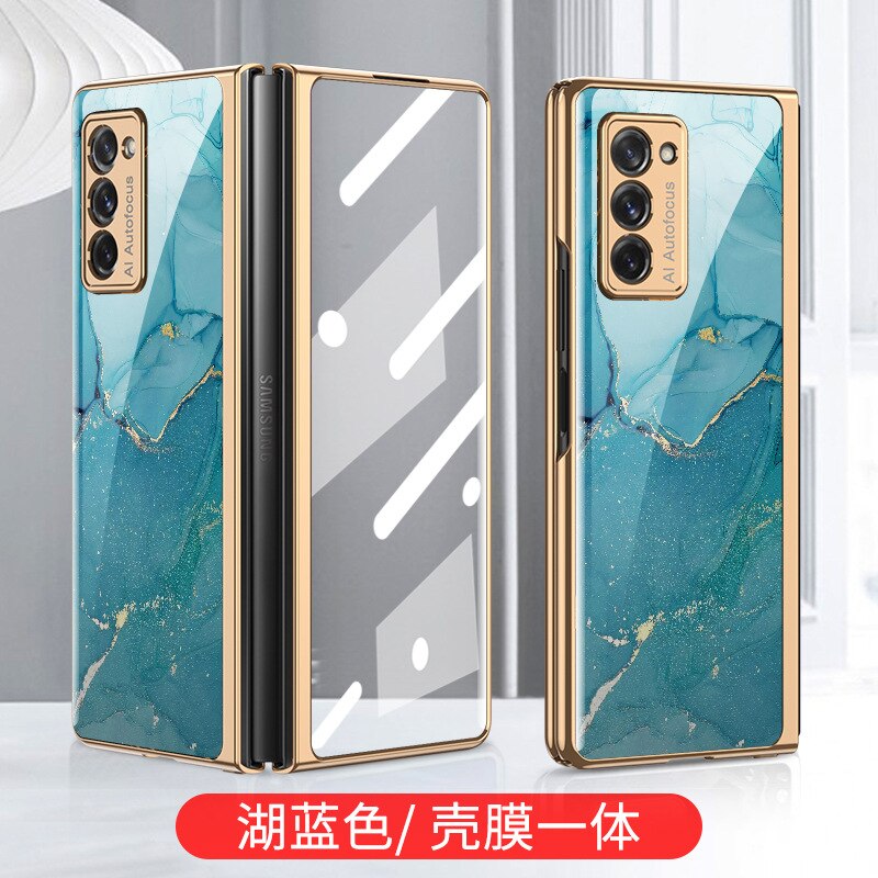 Tempered Glass Case for Samsung Galaxy Z Fold 2 5G Cover All-inclusive Luxury HD Front Glass Shell for Samsung Z Fold 2 Case: lake blue