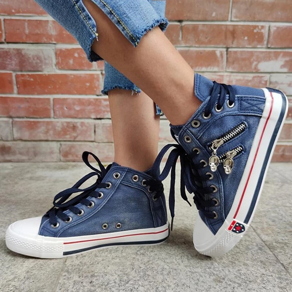 Women's Denim High-Top Back Lace Canvas Sneakers Shoes Girl Teen Student Shoes X85