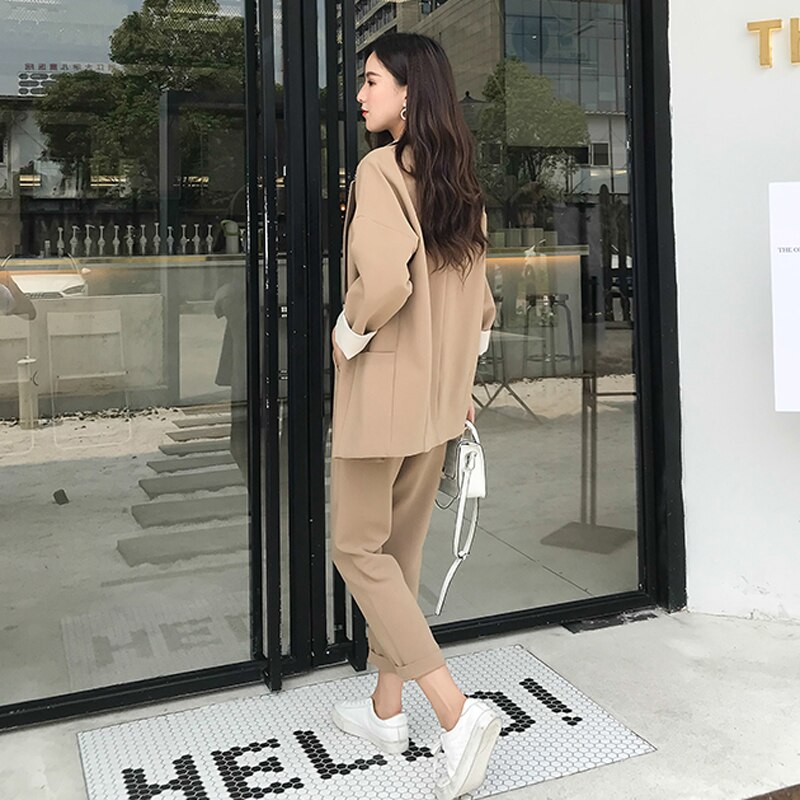 Fanco Casual Solid Color Women Pant Suits Trun Down Collar Blazer Jacket Trousers Khaki Female Office Lady Autumn