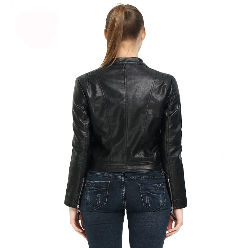 Fitaylor Women Faux Leather Jacket Biker Coat Spring Autumn Black Zippers Outwear O Neck Slim Motorcycle Pu Leather Jackets