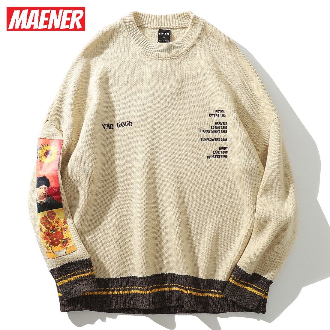 Sudadera estilo Hip Hop para hombre, ropa de calle, suéter de punto bordado con pintura de Van Gogh, suéteres Retro Vintage de algodón,: Beige / M