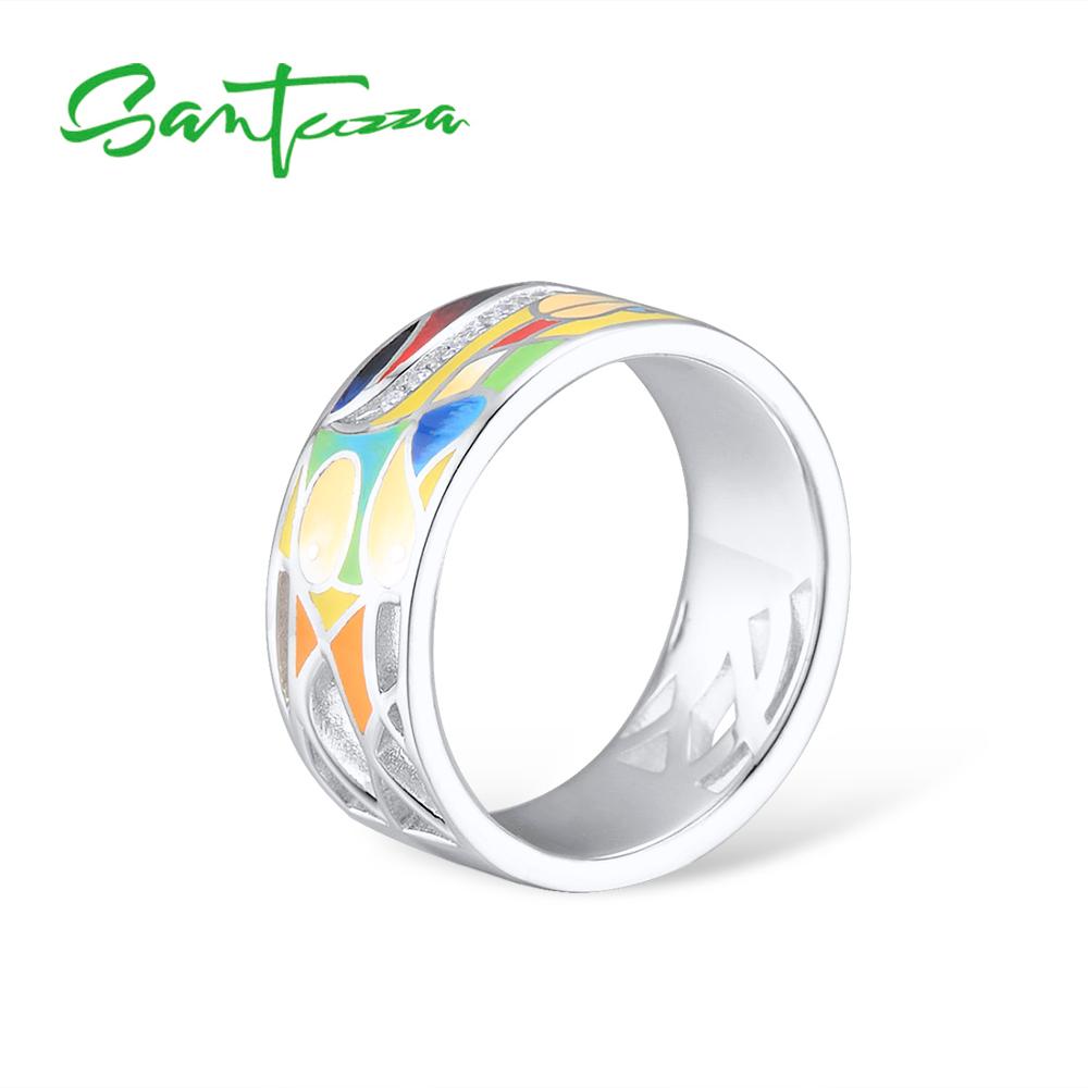 SANTUZZA Silver Ring For Women 925 Sterling Silver Chic Rings for Women Shiny White CZ Colorful Enamel Party Jewelry