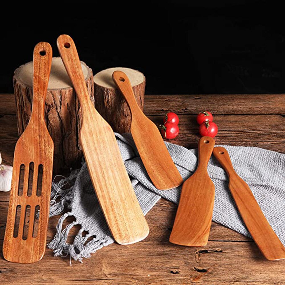 Non-Stick Wooden Cooking Utensils Slotted Spatula Sets Wooden Kitchen Utensil Set Turner Spatula Acacia Spurtle Kitchen Sets