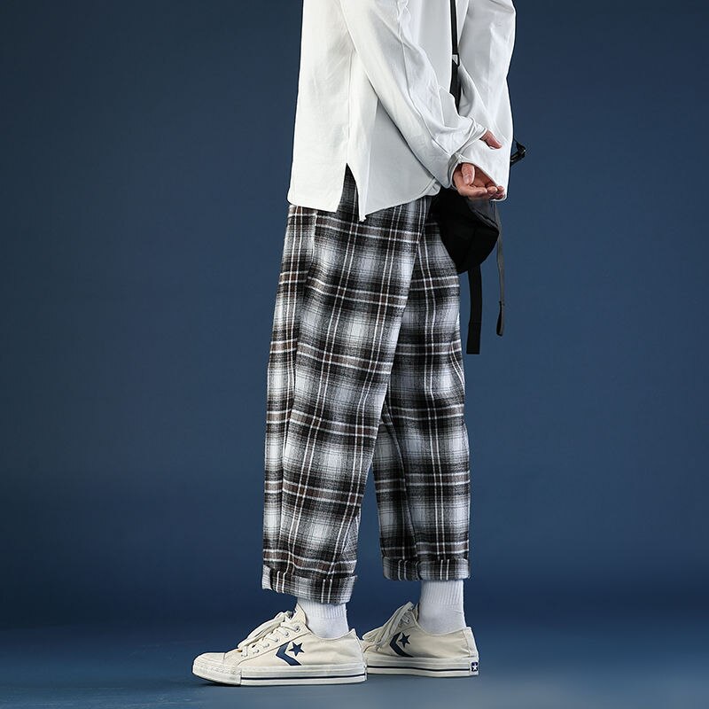 Pantalones a cuadros finos para hombre, ropa de calle informal Retro, salvaje, suelto, con cordón, M-3XL