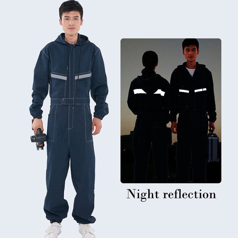 Denim Men&#39;s Overalls Bib Reflective Work Clothing Women Coveralls Jumpsuits for Welding Car Repair Security Protection Workwear