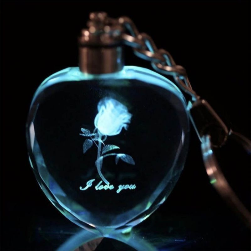 Rose Flower LED Light Keychain Luminous Fairy Crystal Keychains Colorful Rose Heart Key Chains Rings For Valentine's Day