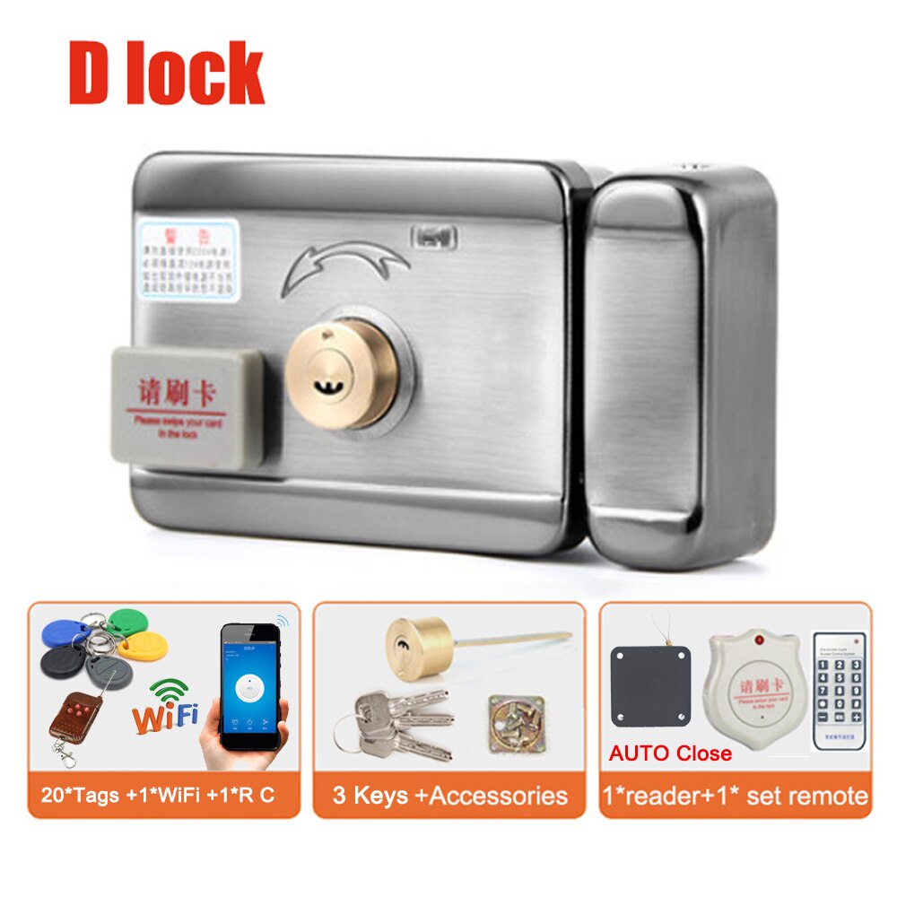 DC12V Electric RIM Lock for Metal Door Gate Electric Door Lock Opener 125KHZ RFID Card Lock Keyless Lock Electric Release: D with close