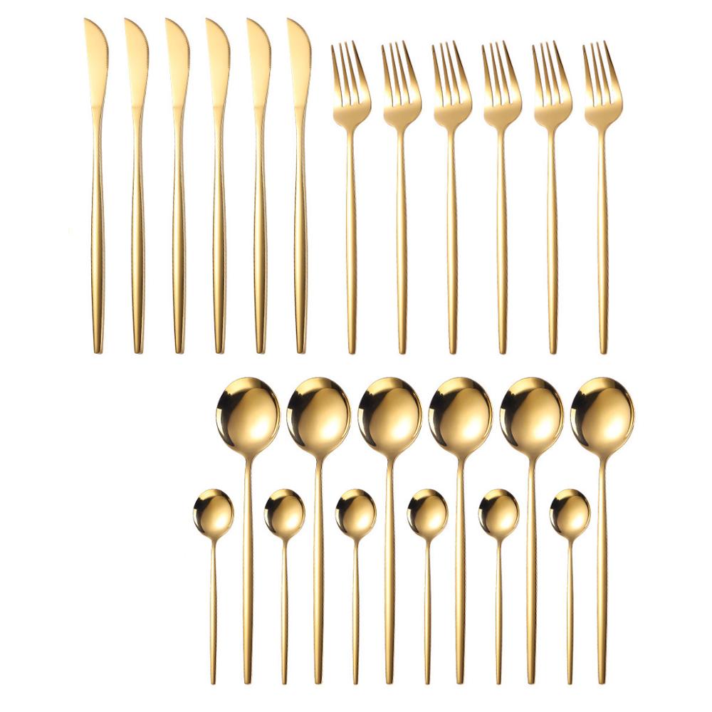 24Pcs Cutlery Set Kitchen Tools Gold Dinnerware Set Stainless Steel Knife Fork Spoon Tableware Set Home Table Decoration Gold: Gold-24PCS