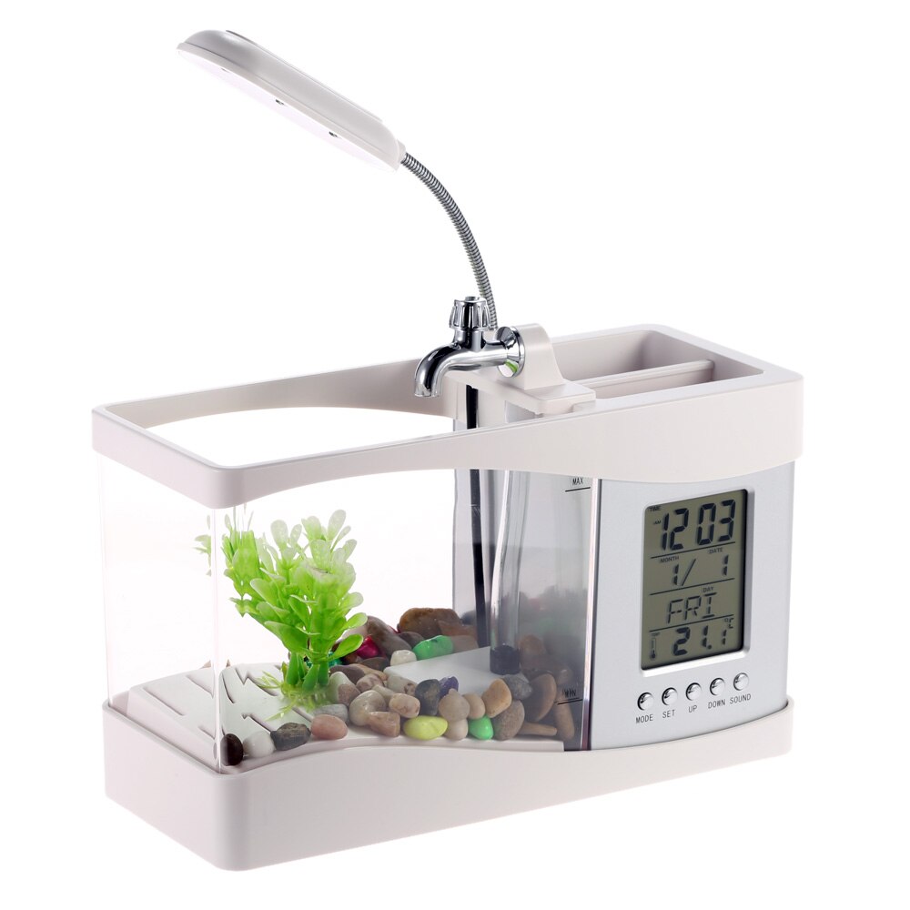 Acuario negro/blanco USB Mini acuario pecera con pantalla de visualización LCD de luz LED para lámpara y reloj acuario pecera: White