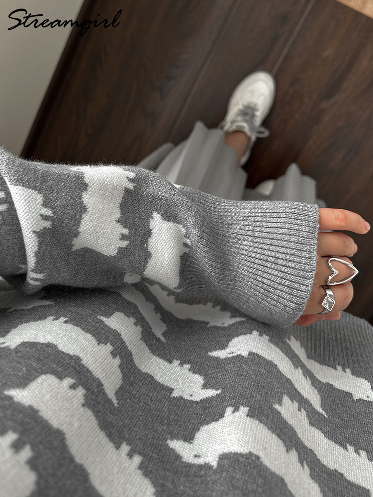 Høstlig søt posete genser med trykk til dame varm o-hals overdimensjonert gensere strikkede røde løse gensere dame grønn genser