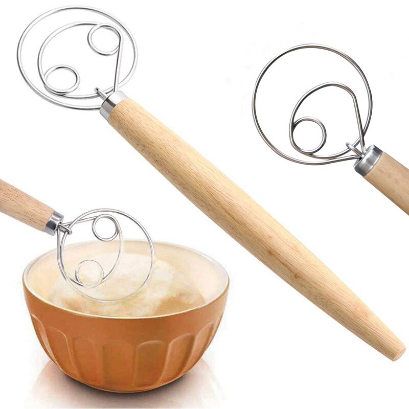 Stainless Steel Danish Dough Whisk Wooden Handle Pizza Bread Dough Mixing Whisk Tool Kitchen Baking Tools Artisian Blender