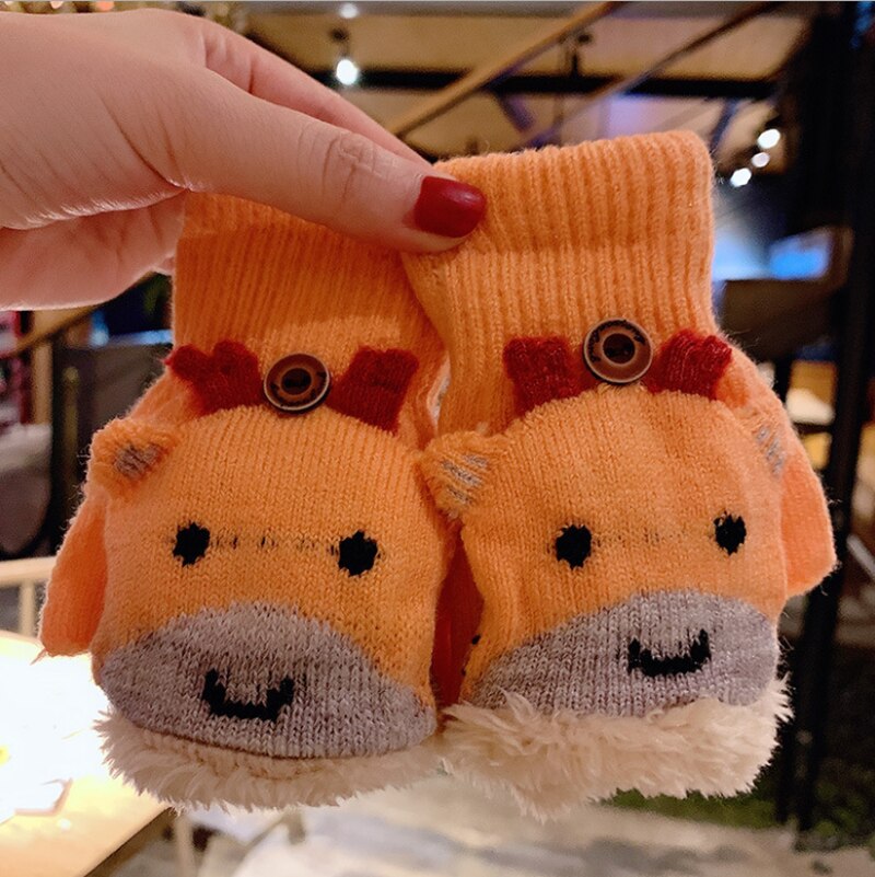 Childrens Winter Half-Vinger Handschoenen Leuke Cartoon Verdikte Plus Fluwelen Warmte Student Clamshell Gebreide Handschoenen