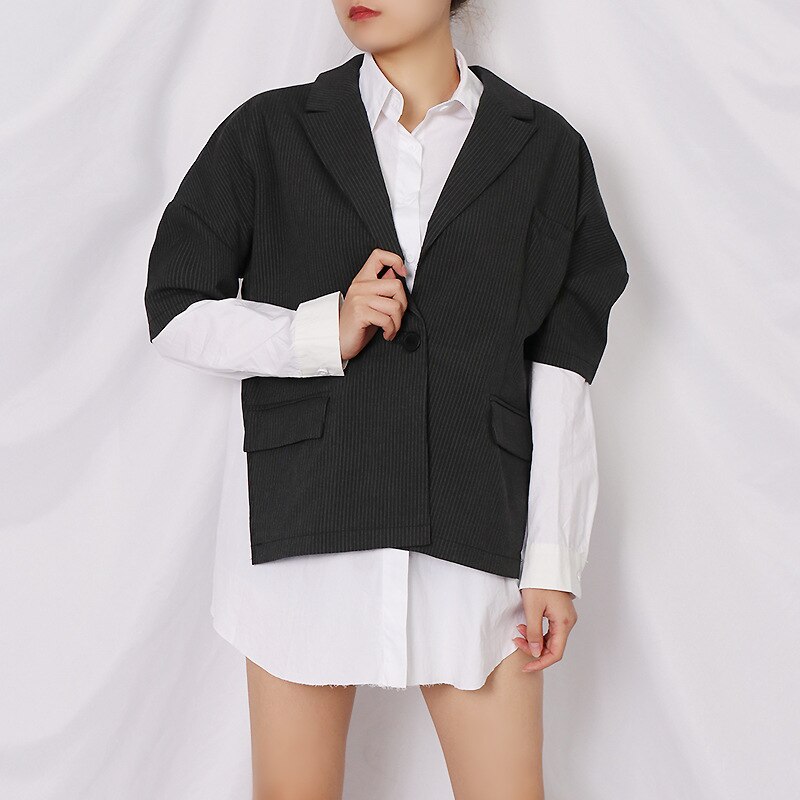 SuperAen de otoño , Chaqueta de algodón a rayas blancas y negras de retazos de colores contrastantes, blusa de mujer