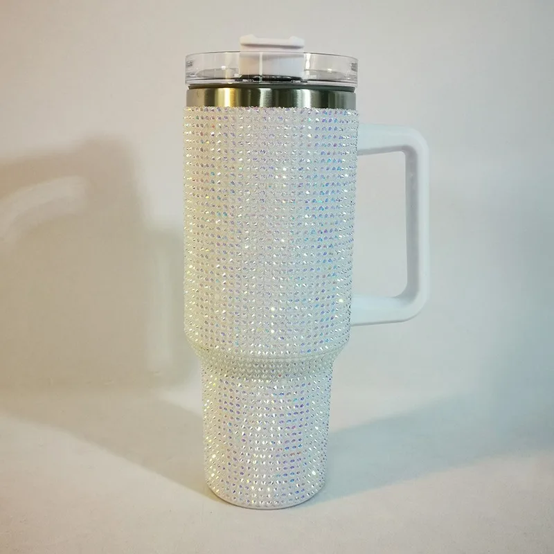 Taza Termo de diamante de 40oz con asa, botella aislada de café al vacío de acero inoxidable 304, frascos portátiles para coche