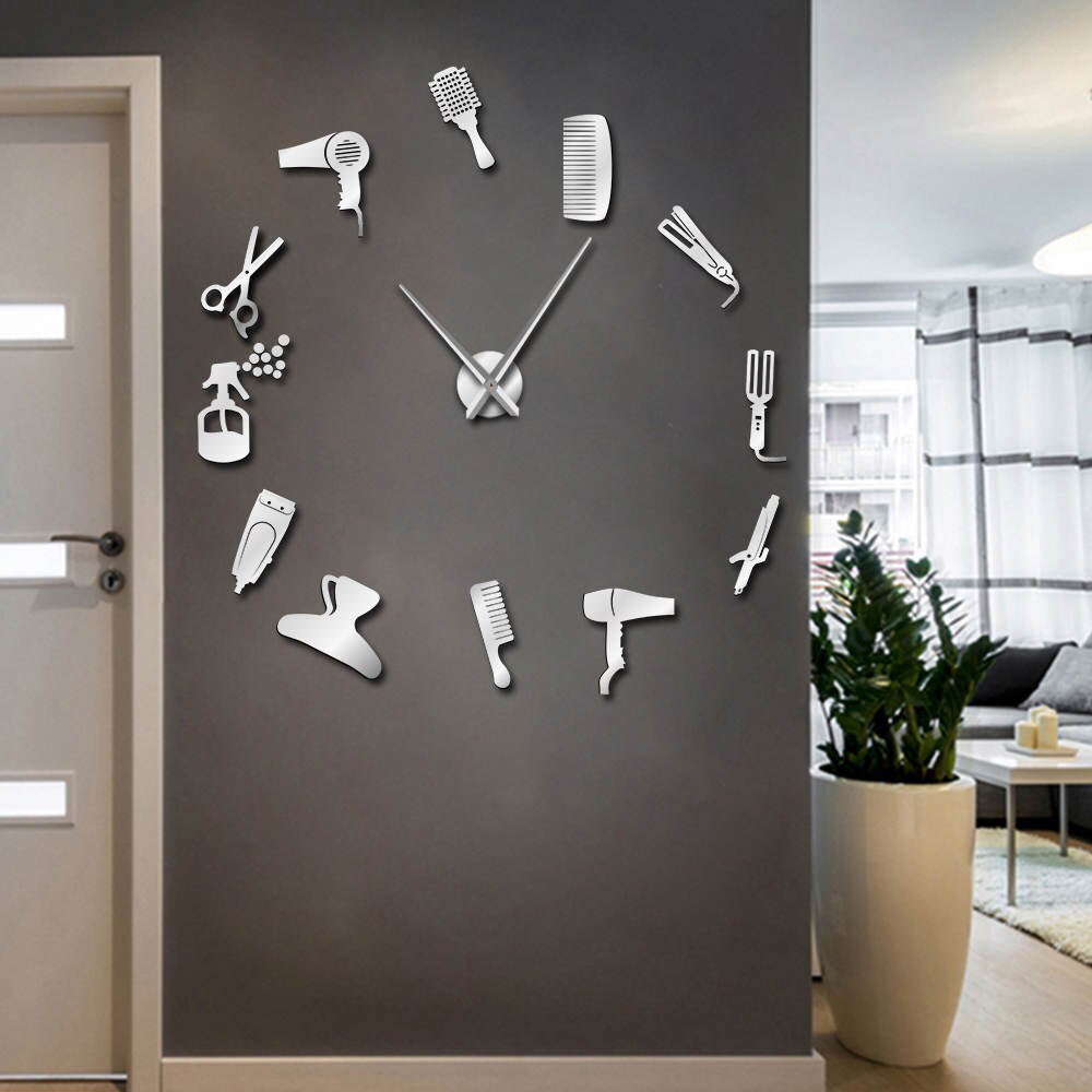 Reloj de pared para barbería, herramienta para el cabello, pegatinas grandes, salón de belleza sin marco, relojes grandes, reloj de pared de peluquería, moderno: Plata / 47inch