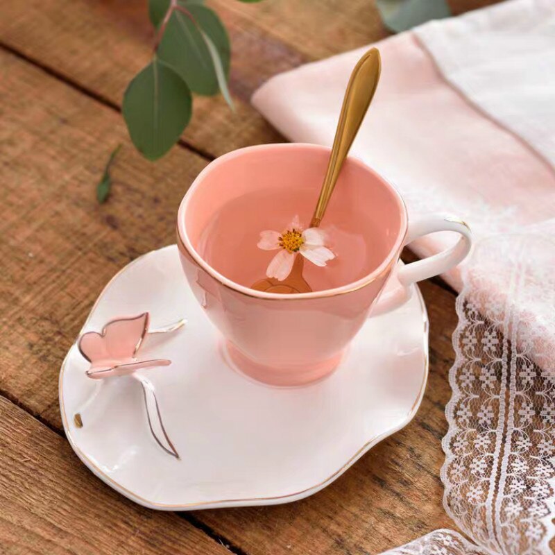 Juego de taza y platillo de café con forma de mariposa para el hogar, juego de tazas de té de la tarde en inglés, 200ml, ,