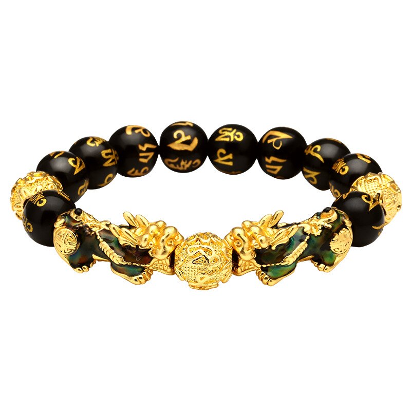Zmieniająca kolor bransoletka Pixiu Feng Shui czarny koralik stop fortuna powodzenia bransoletka ze złotą biżuterią męską i damską: Discoloration (12mm)
