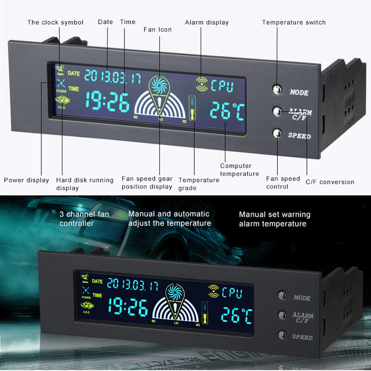 5.25 Inch Pc Computer Fan Controller Voor Lcd Panel 3 Fan Speed Controller Cpu Temperatuur Sensor Lcd Digitale Display Voor pc