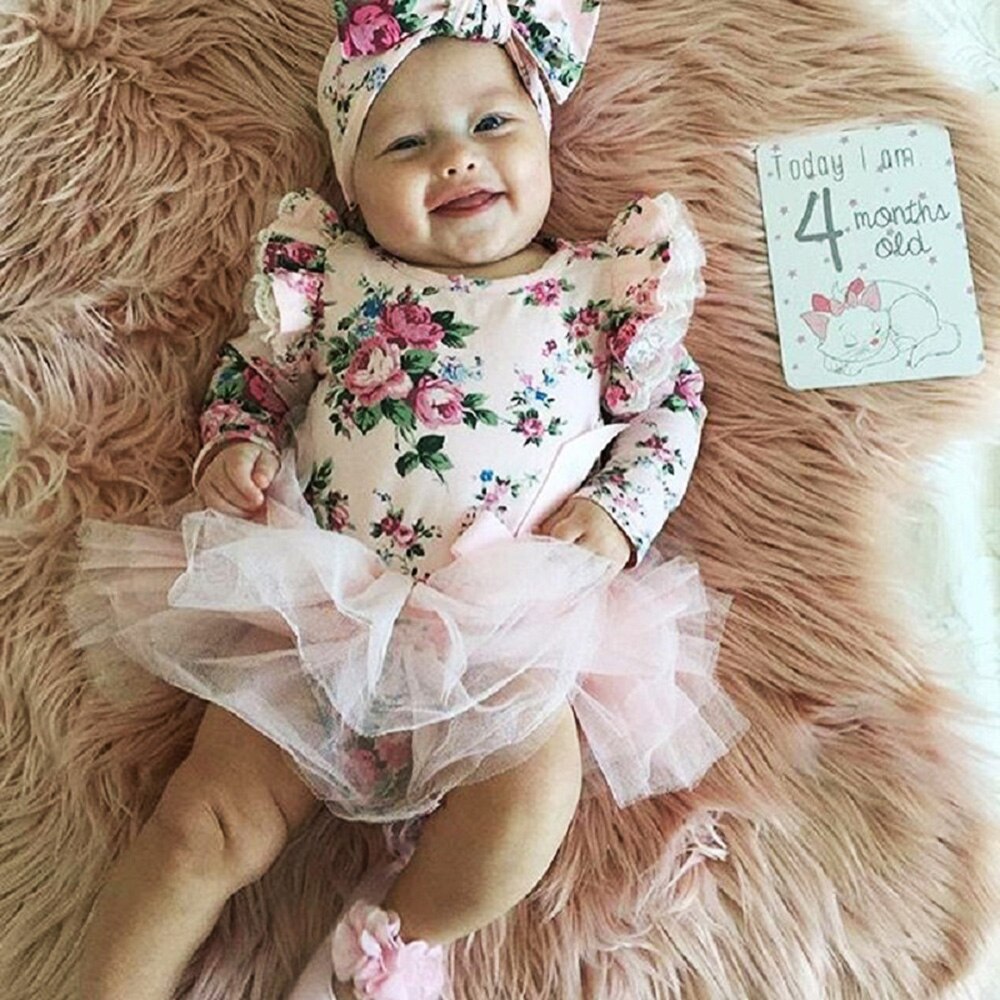 Nyfødt smålåve baby jente klær sett med blomster fluermer tutu blondekjole klær + pannebånd antrekk klær sett