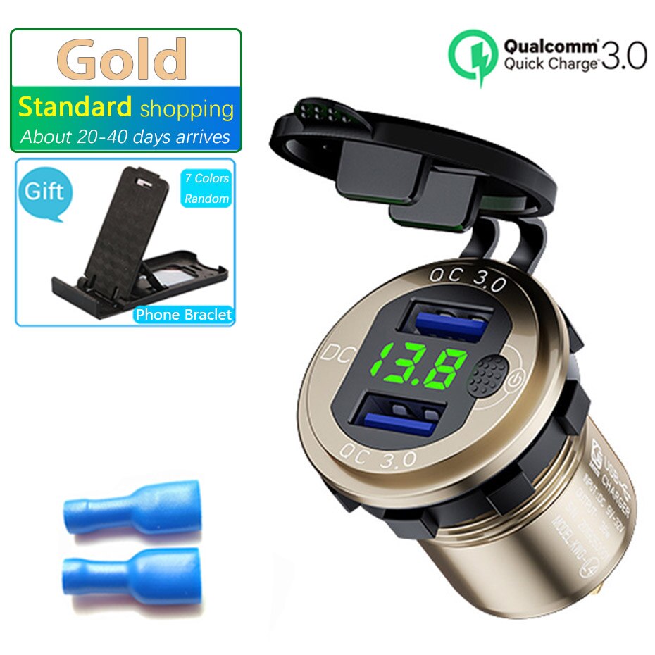 12V/24V 36W QC3.0 Metalen Auto Aansteker Plug Led Display Schakelaar Waterdichte Usb Charger Socket voor Telefoon Tablet: Gold-Standard