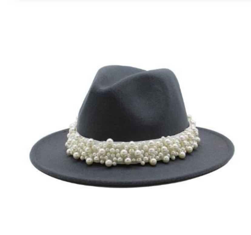 femmes hommes feutre Fedora chapeaux décontracté hommes femmes Imitation perle ruban bord Trilby formel casquette de fête: WYH-4907-17