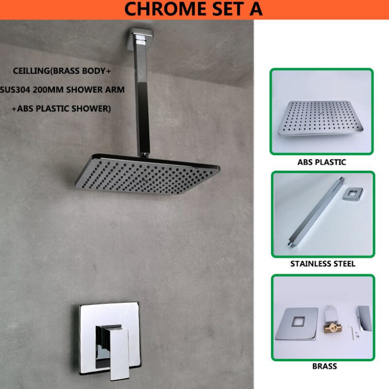 Shine Chrome Square Concealed In Wall Head Shower Set System with Ultra thin 8 inch 304 Stainless Steel or ABS Top Shower: ABS Ceiling CP