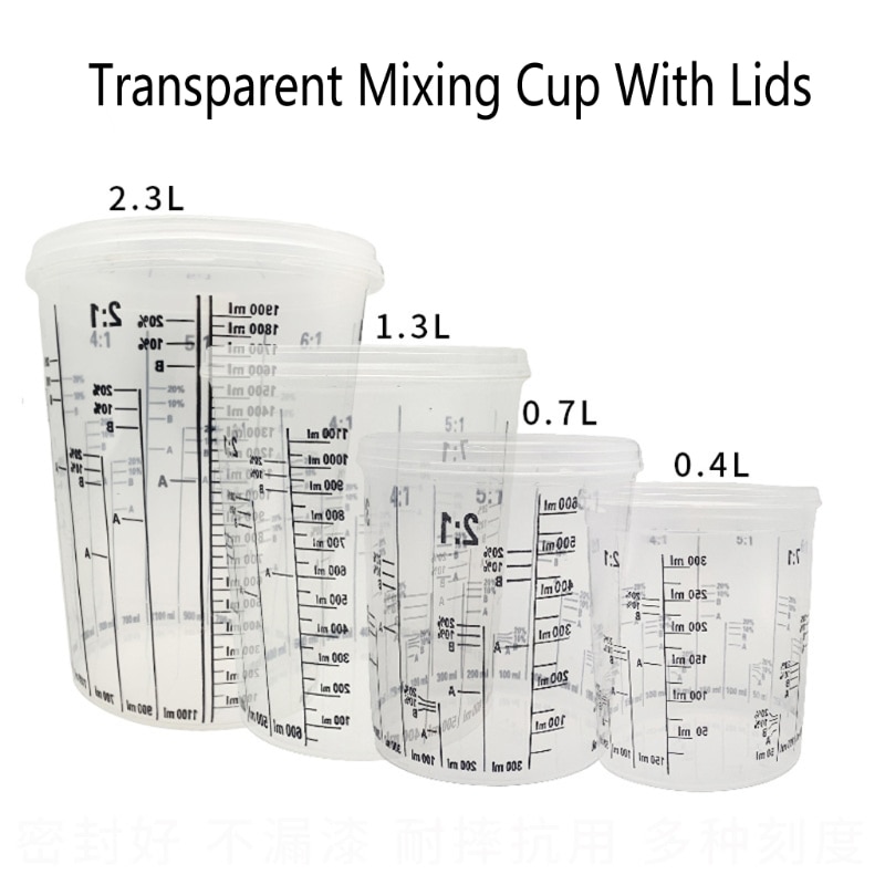 Tasses de mélange de peinture en plastique transparentes graduées jetables de 5 pièces