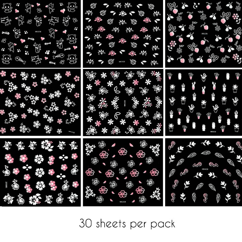 30 Sheets Set 3D Nail Sticker Transparante Vlinder Liefde Bloem Blad Serie Diy Nail Sticker Decoratie