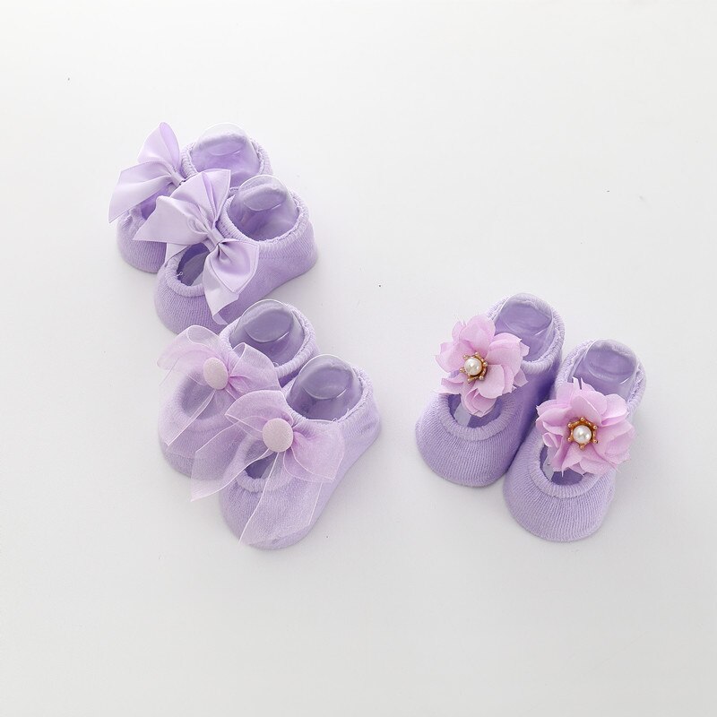 BalleenShiny 3 Pairs Bowknot Socks Baby Girls Princess Lace Flower Short Socks Child Kids Soft Cotton Socks For: Purple / S 0-1 year baby